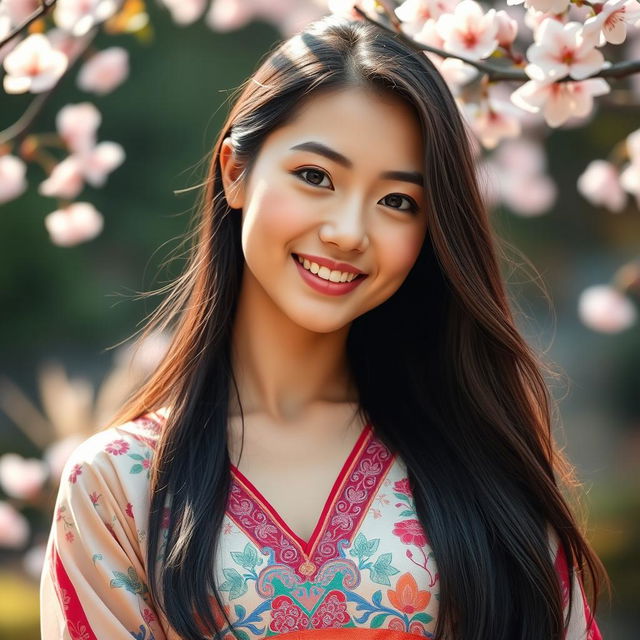 A stunning portrait of a beautiful Asian woman, showcasing her radiant skin and graceful features