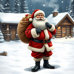 A joyful Santa Claus figure standing in a snowy landscape, dressed in a traditional red and white suit with a thick belt and shiny black boots