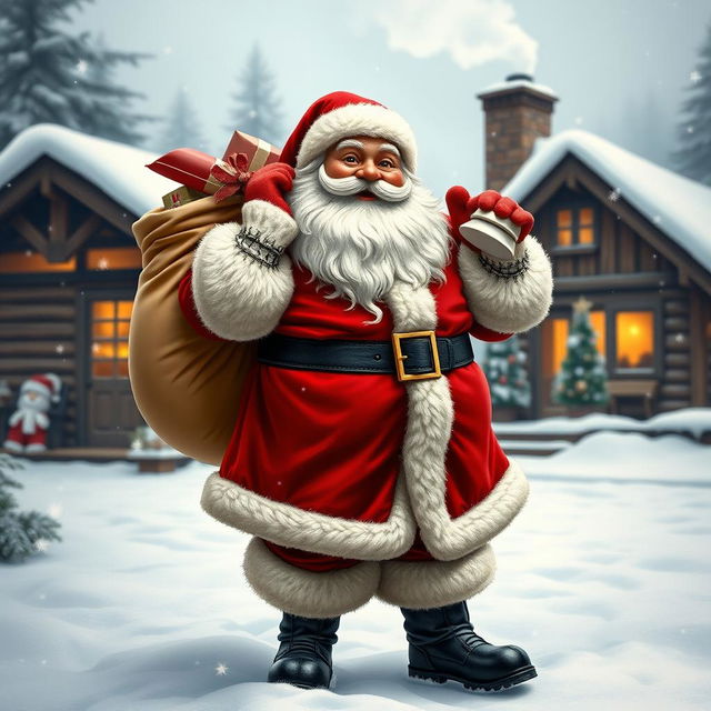 A joyful Santa Claus figure standing in a snowy landscape, dressed in a traditional red and white suit with a thick belt and shiny black boots