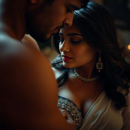 A sensual and intimate scene featuring an Indian woman, focused on her expression and emotional connection with a partner