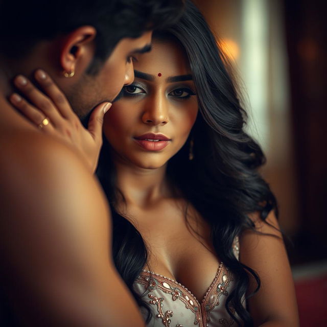 A sensual and intimate scene featuring an Indian woman, focused on her expression and emotional connection with a partner