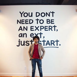 A determined individual standing confidently in front of a stark white wall