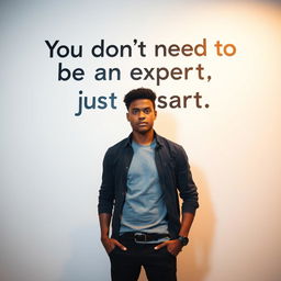 A determined individual standing confidently in front of a stark white wall