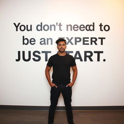 A determined individual standing confidently in front of a stark white wall