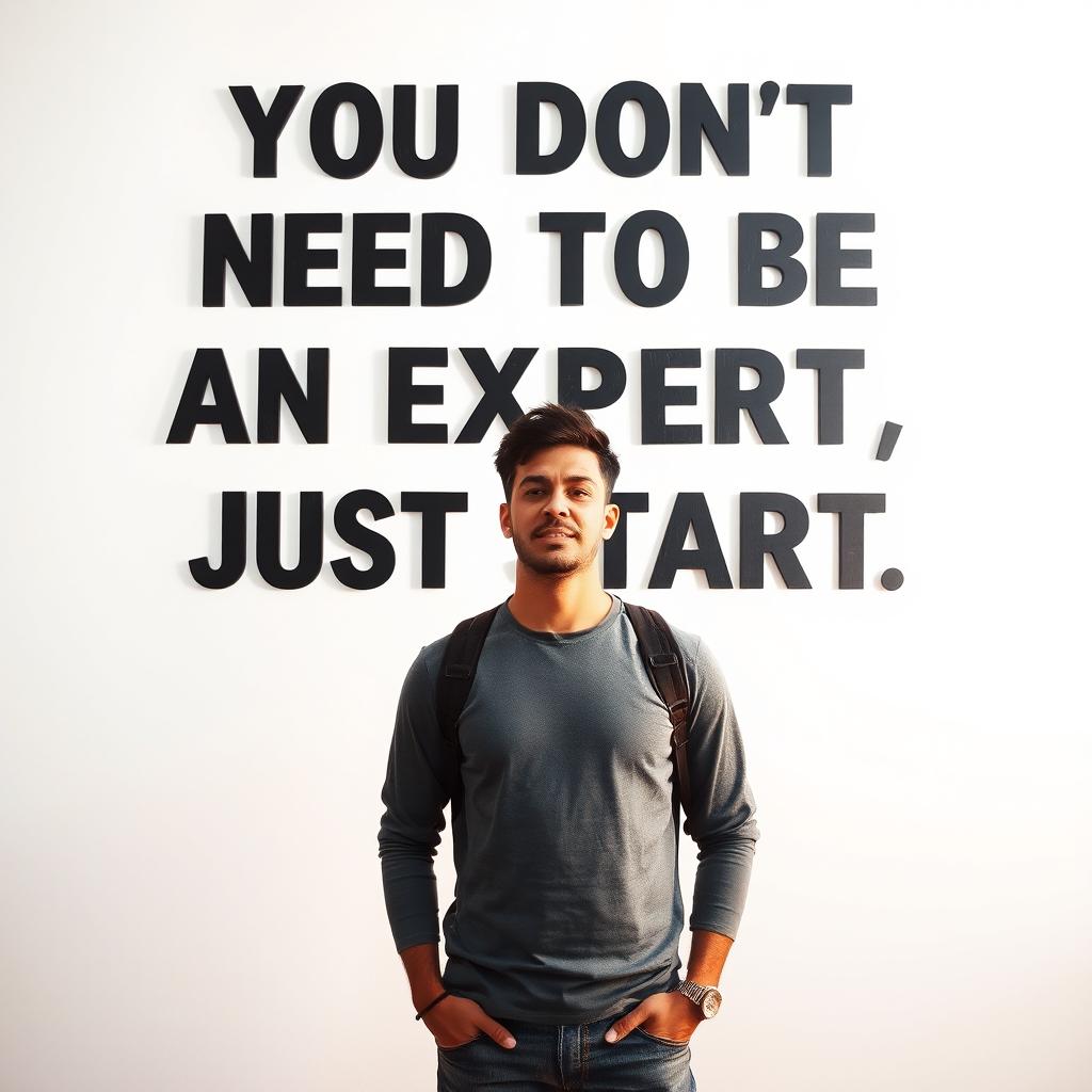 A determined individual standing confidently in front of a stark white wall