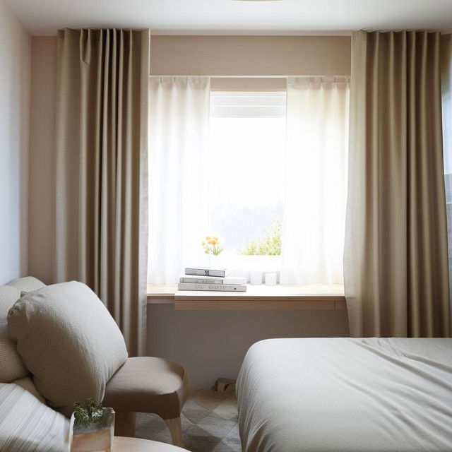 A cozy bedroom with a neatly organized desk, positioned next to a window with open curtains, allowing for ample natural light