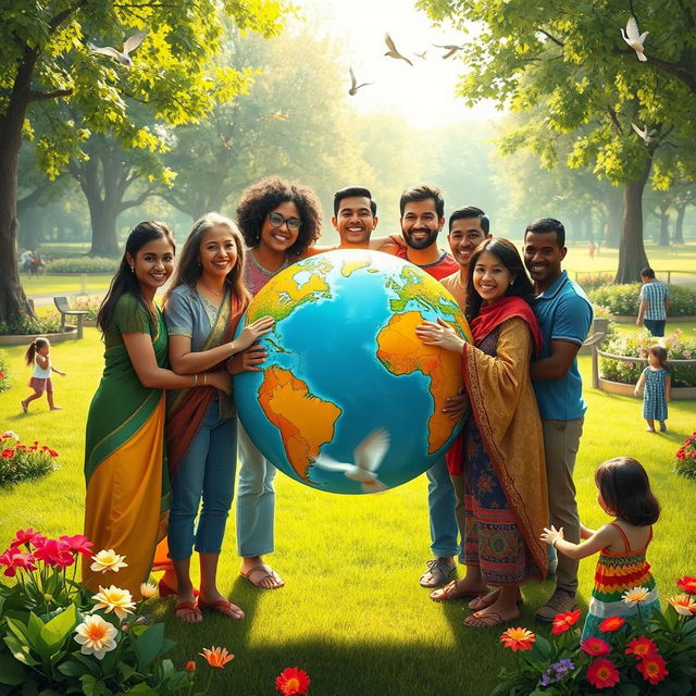 An artistic representation of the concept of togetherness, showcasing a diverse group of people from various cultures and backgrounds standing in unity around a large, colorful globe