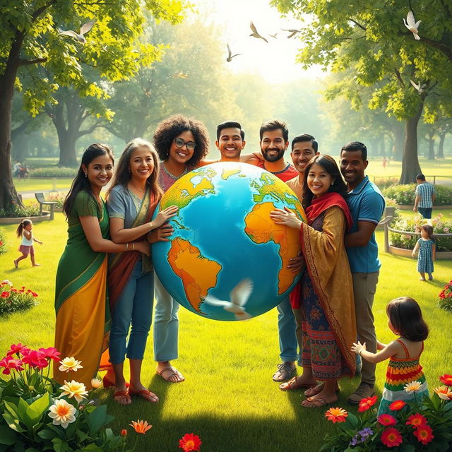 An artistic representation of the concept of togetherness, showcasing a diverse group of people from various cultures and backgrounds standing in unity around a large, colorful globe