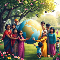 An artistic representation of the concept of togetherness, showcasing a diverse group of people from various cultures and backgrounds standing in unity around a large, colorful globe
