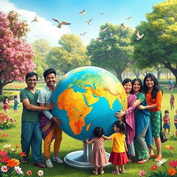 An artistic representation of the concept of togetherness, showcasing a diverse group of people from various cultures and backgrounds standing in unity around a large, colorful globe