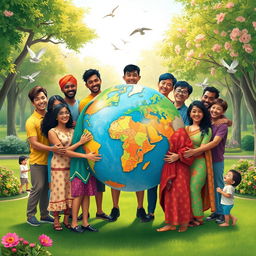 An artistic representation of the concept of togetherness, showcasing a diverse group of people from various cultures and backgrounds standing in unity around a large, colorful globe