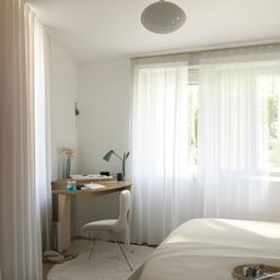 A cozy bedroom with a neatly organized desk, positioned next to a window with open curtains, allowing for ample natural light