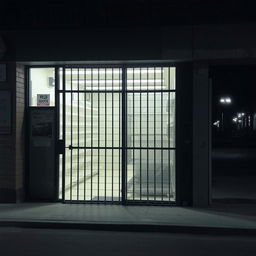 A closed grocery store with its metal gate pulled down, obscuring the interior, showcasing a few empty shelves and signs of daily use, but no visible products