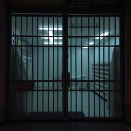 A closed grocery store with its metal gate pulled down, obscuring the interior, showcasing a few empty shelves and signs of daily use, but no visible products