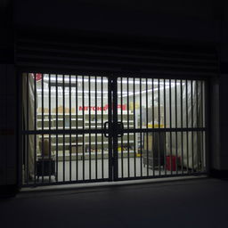 A closed grocery store with its metal gate pulled down, obscuring the interior, showcasing a few empty shelves and signs of daily use, but no visible products