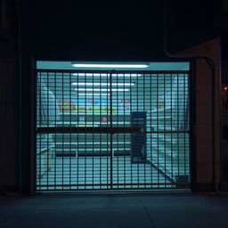 A closed grocery store with its metal gate pulled down, obscuring the interior, showcasing a few empty shelves and signs of daily use, but no visible products