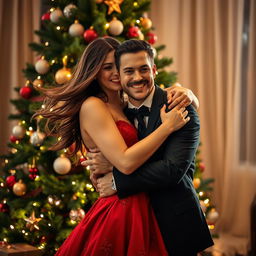 A cozy Christmas scene featuring a beautifully decorated evergreen Christmas tree in the background, adorned with sparkling lights, colorful ornaments, and a star on top