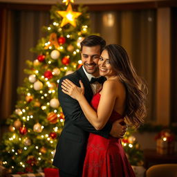A cozy Christmas scene featuring a beautifully decorated evergreen Christmas tree in the background, adorned with sparkling lights, colorful ornaments, and a star on top