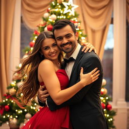 A cozy Christmas scene featuring a beautifully decorated evergreen Christmas tree in the background, adorned with sparkling lights, colorful ornaments, and a star on top