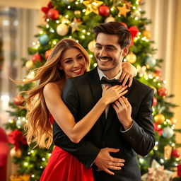 A cozy Christmas scene featuring a beautifully decorated evergreen Christmas tree in the background, adorned with sparkling lights, colorful ornaments, and a star on top