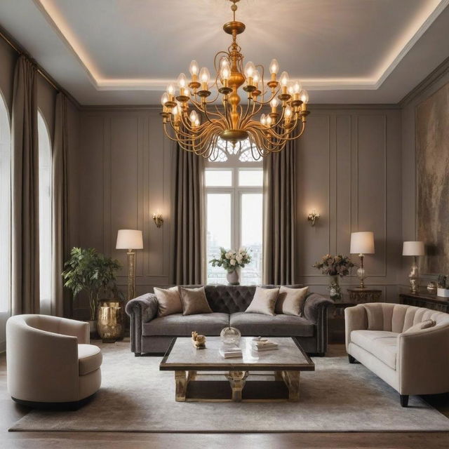 A luxurious interior living room featuring a stunning chandelier as the focal point