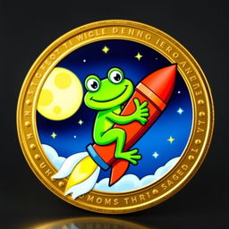 A vibrant and playful cryptocurrency coin featuring a cartoon frog riding a rocket to the moon