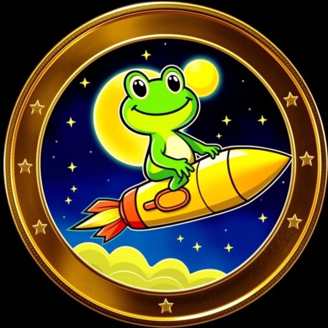 A vibrant and playful cryptocurrency coin featuring a cartoon frog riding a rocket to the moon