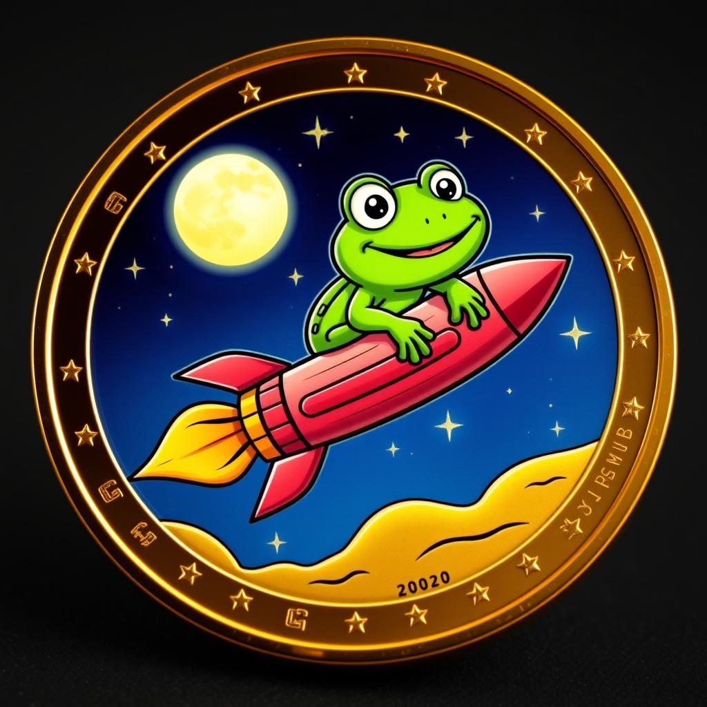 A vibrant and playful cryptocurrency coin featuring a cartoon frog riding a rocket to the moon