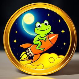 A vibrant and playful cryptocurrency coin featuring a cartoon frog riding a rocket to the moon