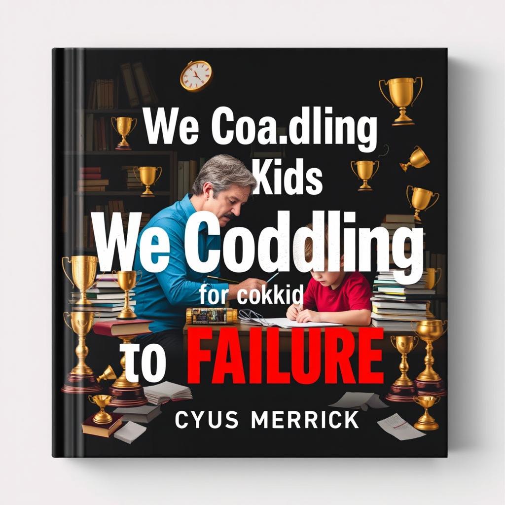 A flat book cover design titled "We Coddling Our Kids to Failure" by Cyrus Merrick
