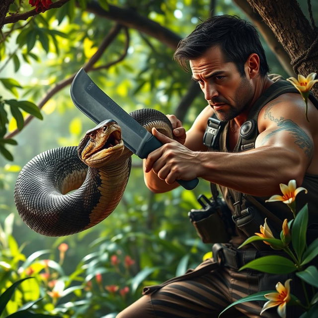 A dramatic scene featuring a man in a fierce battle with a large snake in a lush jungle setting