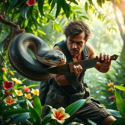 A dramatic scene featuring a man in a fierce battle with a large snake in a lush jungle setting