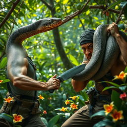 A dramatic scene featuring a man in a fierce battle with a large snake in a lush jungle setting