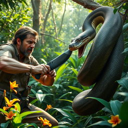 A dramatic scene featuring a man in a fierce battle with a large snake in a lush jungle setting