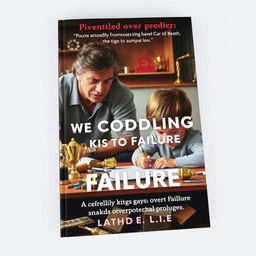 A realistic book cover design featuring a concerned parent looking anxiously at their child struggling with homework at a cluttered table, surrounded by various trophies and awards representing overprotection