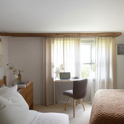 A cozy bedroom with a neatly organized desk, positioned next to a window with open curtains, allowing for ample natural light