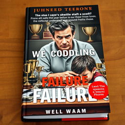 A realistic book cover design featuring a concerned parent looking anxiously at their child struggling with homework at a cluttered table, surrounded by various trophies and awards representing overprotection