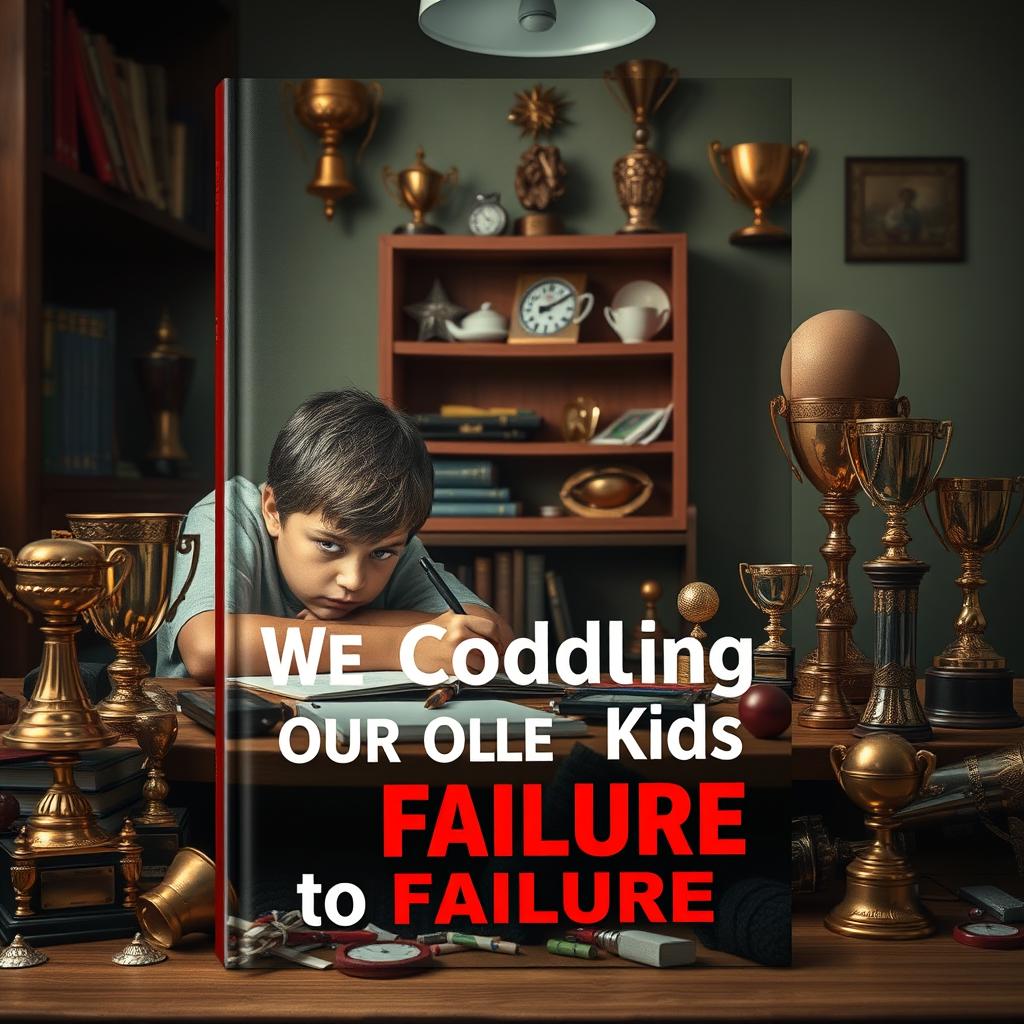 A realistic book cover design featuring a concerned parent looking anxiously at their child struggling with homework at a cluttered table, surrounded by various trophies and awards representing overprotection
