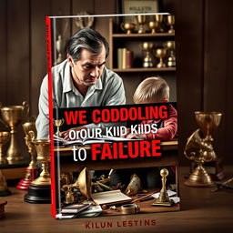 A realistic book cover design featuring a concerned parent looking anxiously at their child struggling with homework at a cluttered table, surrounded by various trophies and awards representing overprotection