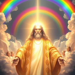 A majestic representation of a deity resembling the concept of God, surrounded by heavenly light and clouds