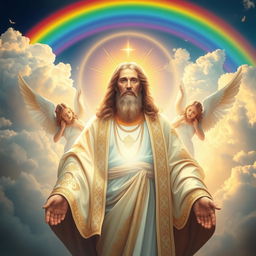 A majestic representation of a deity resembling the concept of God, surrounded by heavenly light and clouds
