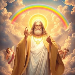 A majestic representation of a deity resembling the concept of God, surrounded by heavenly light and clouds