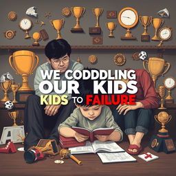A realistic depiction of a concerned parent watching their child struggle with homework, surrounded by trophies and awards that symbolize overprotection