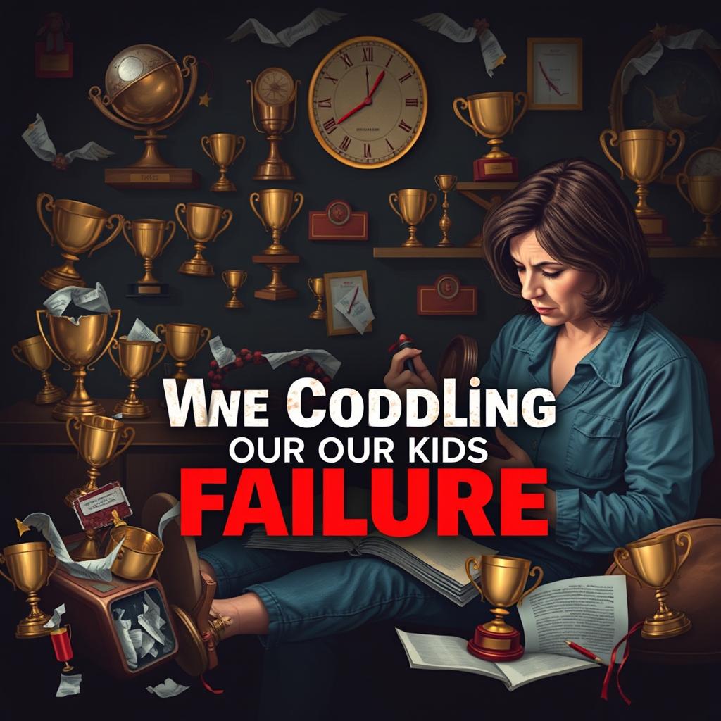 A realistic depiction of a concerned parent watching their child struggle with homework, surrounded by trophies and awards that symbolize overprotection