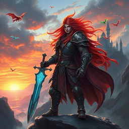 A captivating digital painting of a fierce warrior in a fantastical landscape