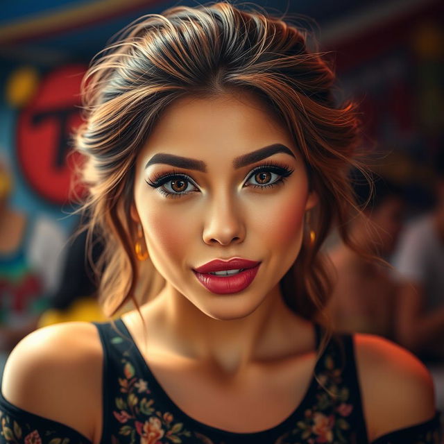 A beautiful woman with gorgeous hair, sexy lips, attractive eyes, and a unique face with monkey-like features, wearing a stunning top that enhances her captivating look