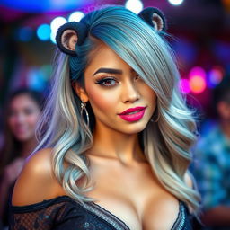 A beautiful woman with gorgeous hair, sexy lips, attractive eyes, and a unique face with monkey-like features, wearing a stunning top that enhances her captivating look