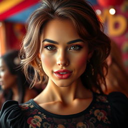 A beautiful woman with gorgeous hair, sexy lips, attractive eyes, and a unique face with monkey-like features, wearing a stunning top that enhances her captivating look