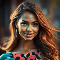 A beautiful portrait of a fashionable woman with gorgeous flowing hair, sexy lips, and attractive eyes, showcasing a wonderful facial expression reminiscent of a playful monkey