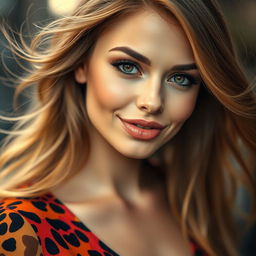 A beautiful portrait of a fashionable woman with gorgeous flowing hair, sexy lips, and attractive eyes, showcasing a wonderful facial expression reminiscent of a playful monkey